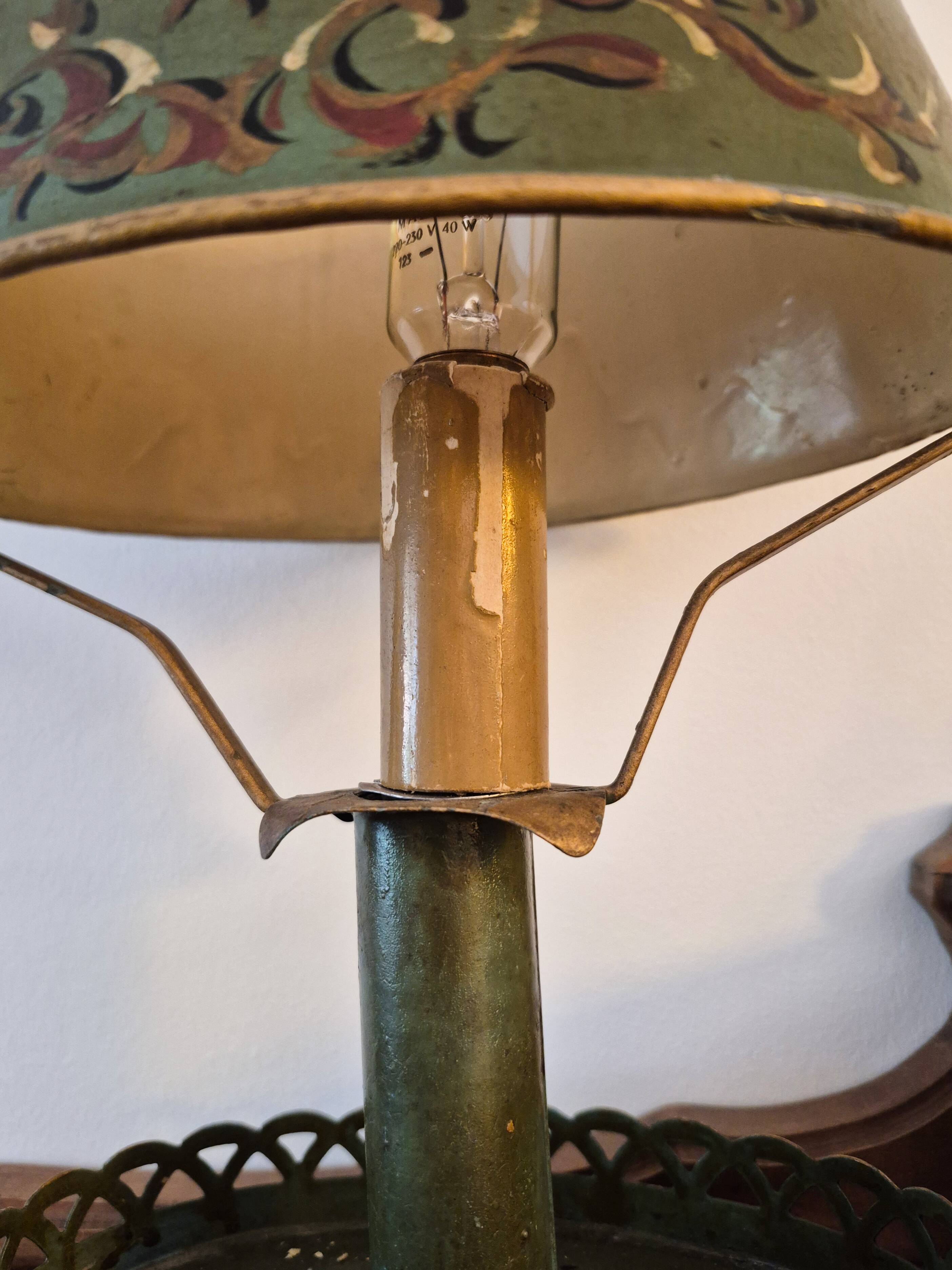 Metal bouillotte lamp, Empire style, green metal shade.