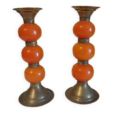 Copper and orange resin candlestick