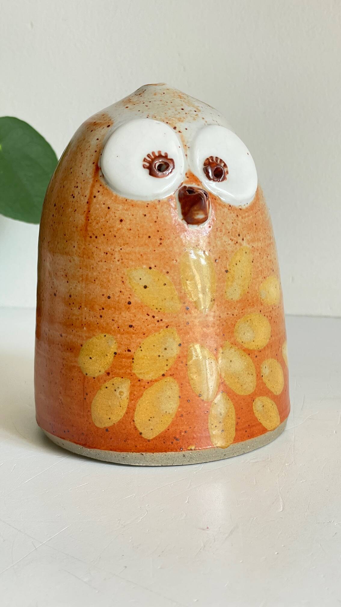 Vintage enameled stoneware owl money box