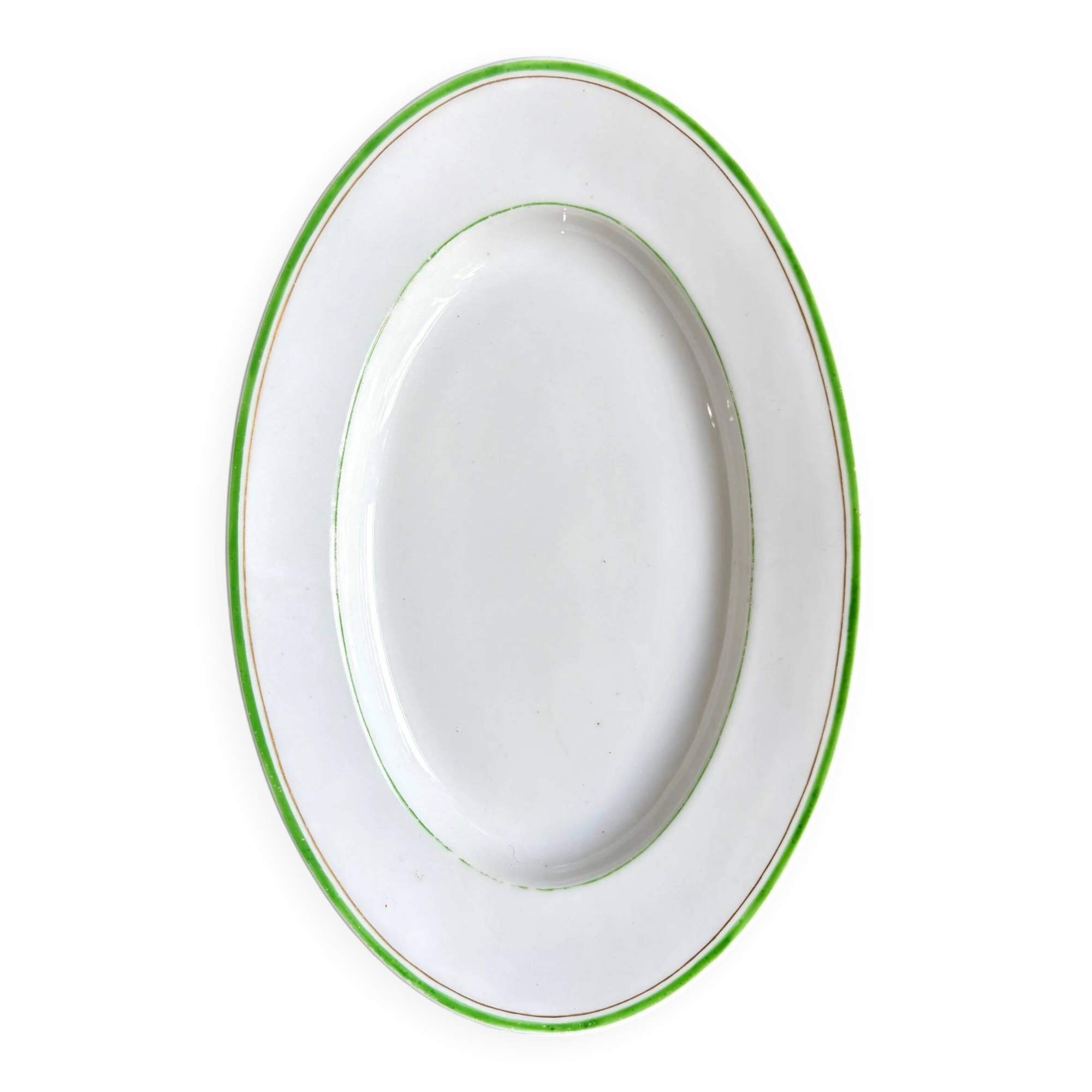 Plat ovale en porcelaine blanche, verte et dorée