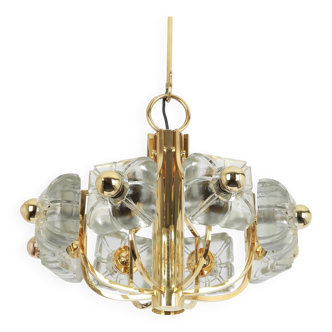 Large brass and crystal glass pendant by Sische, Germany, 1970s.