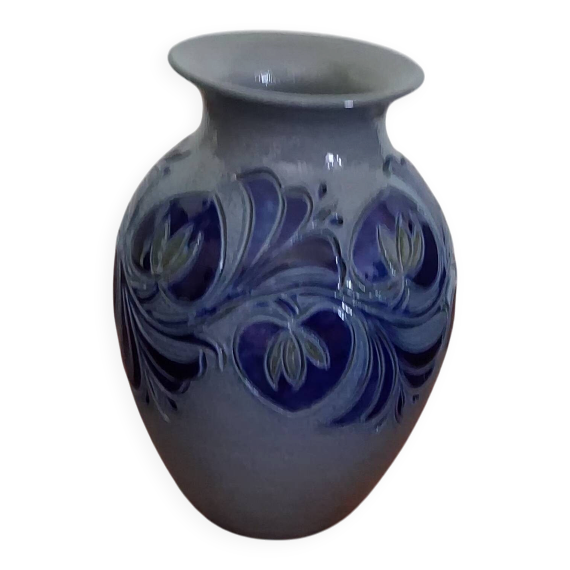 Cobalt blue Alsace stoneware soliflore vase signed Schmitter vi