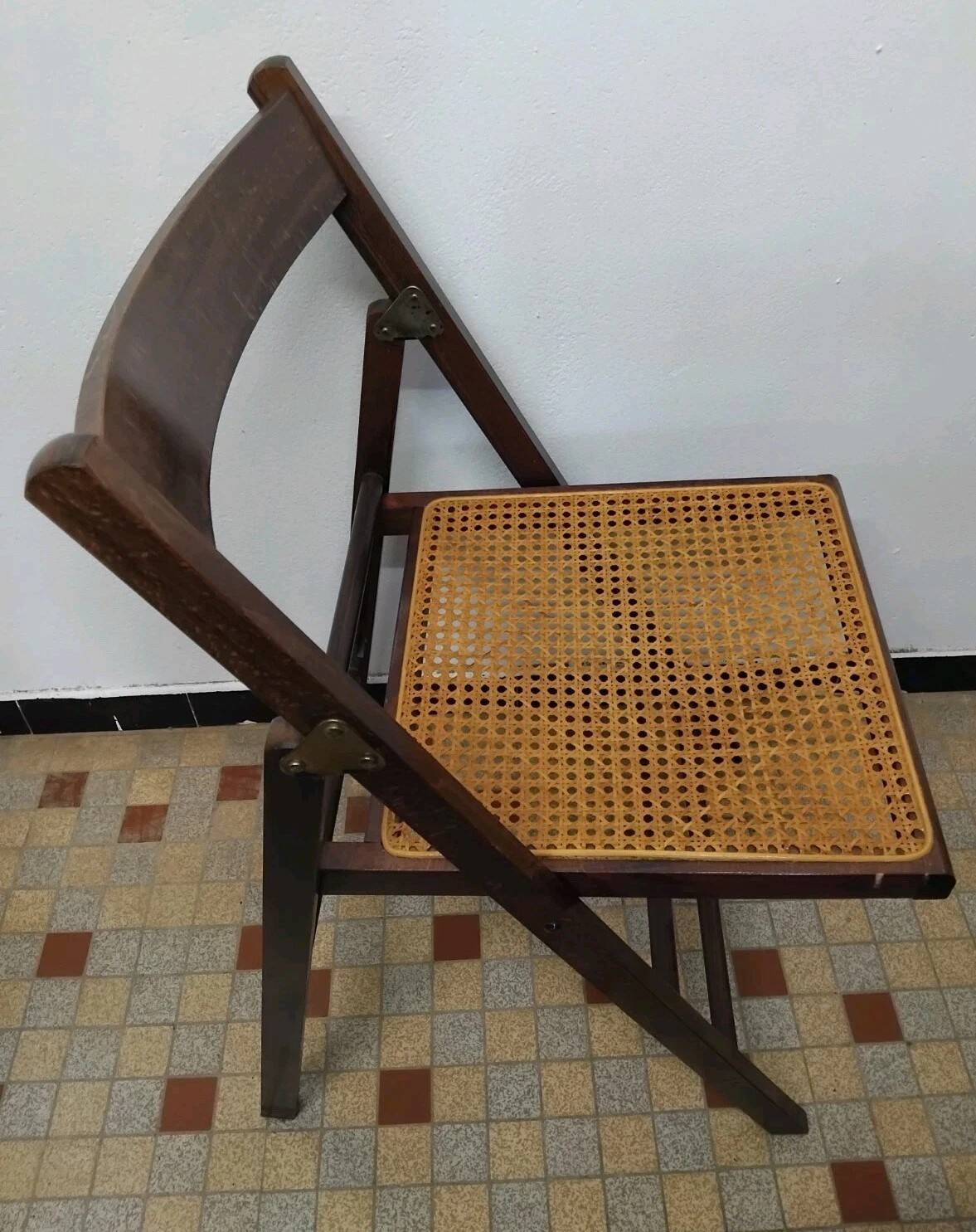 Set of 4 vintage 1970s folding chairs in wood and caning