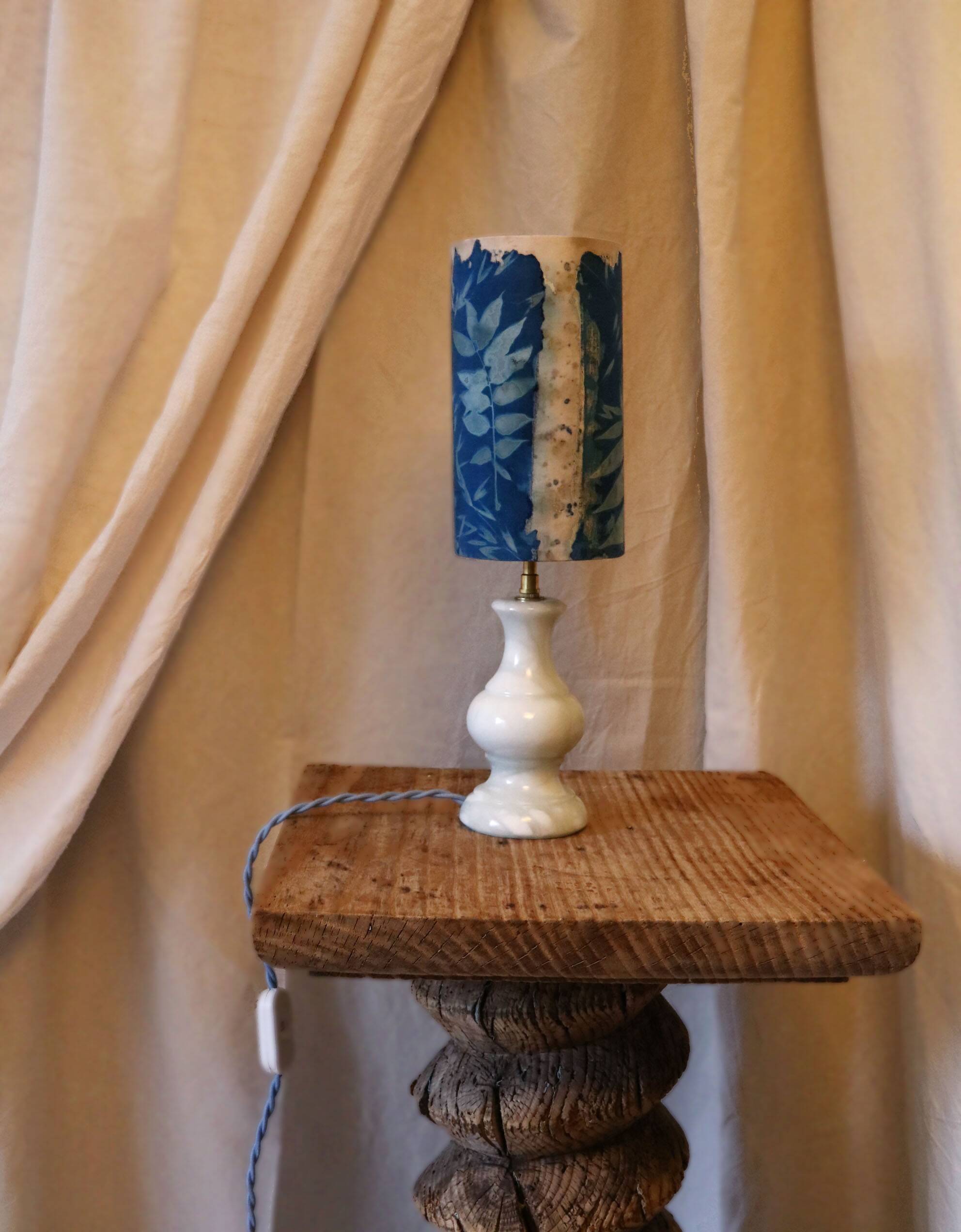 Blue alabaster floor lamp and handmade cyanotype lampshade