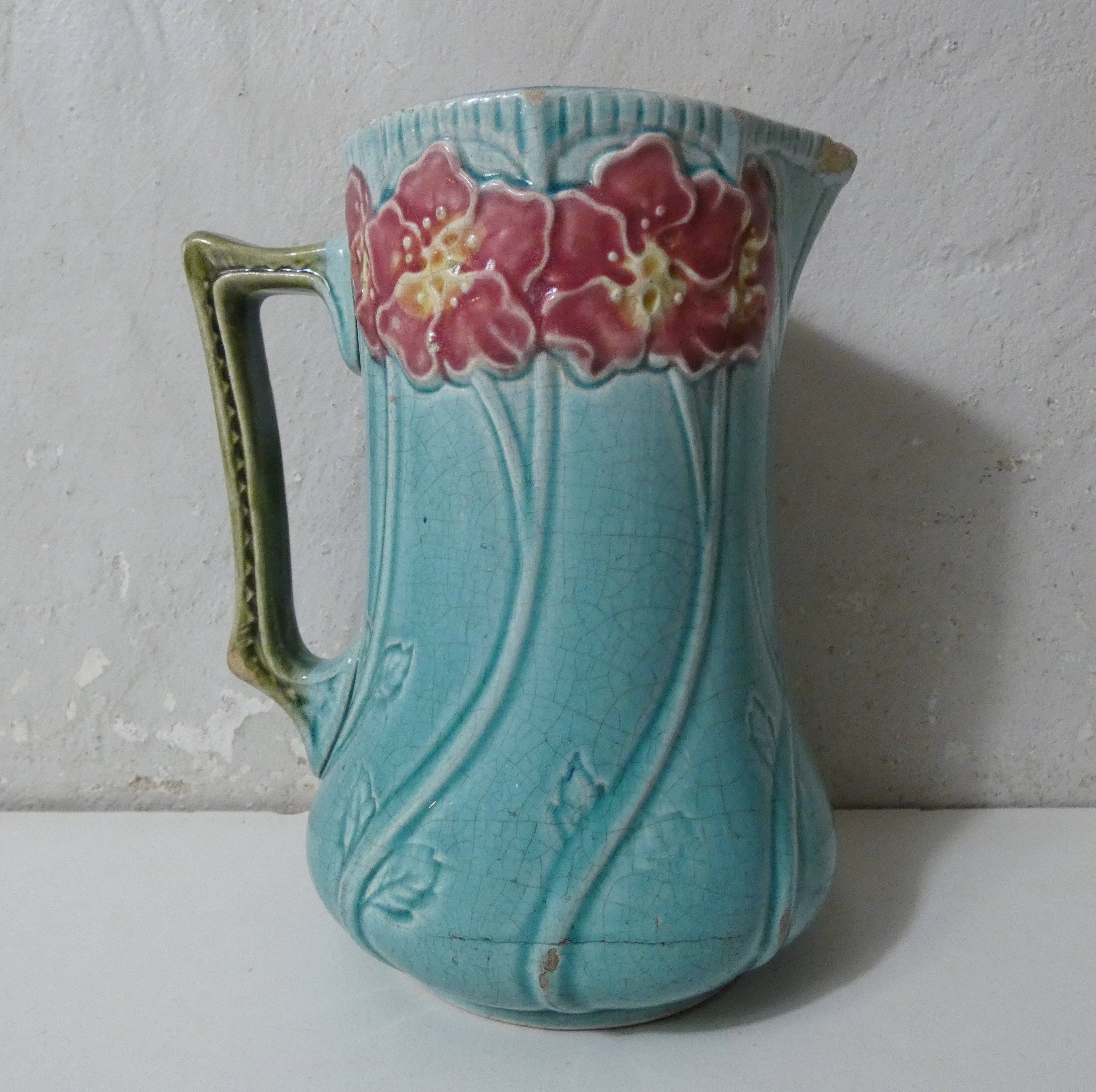Antique Art Deco turquoise flowered slipware jug vase