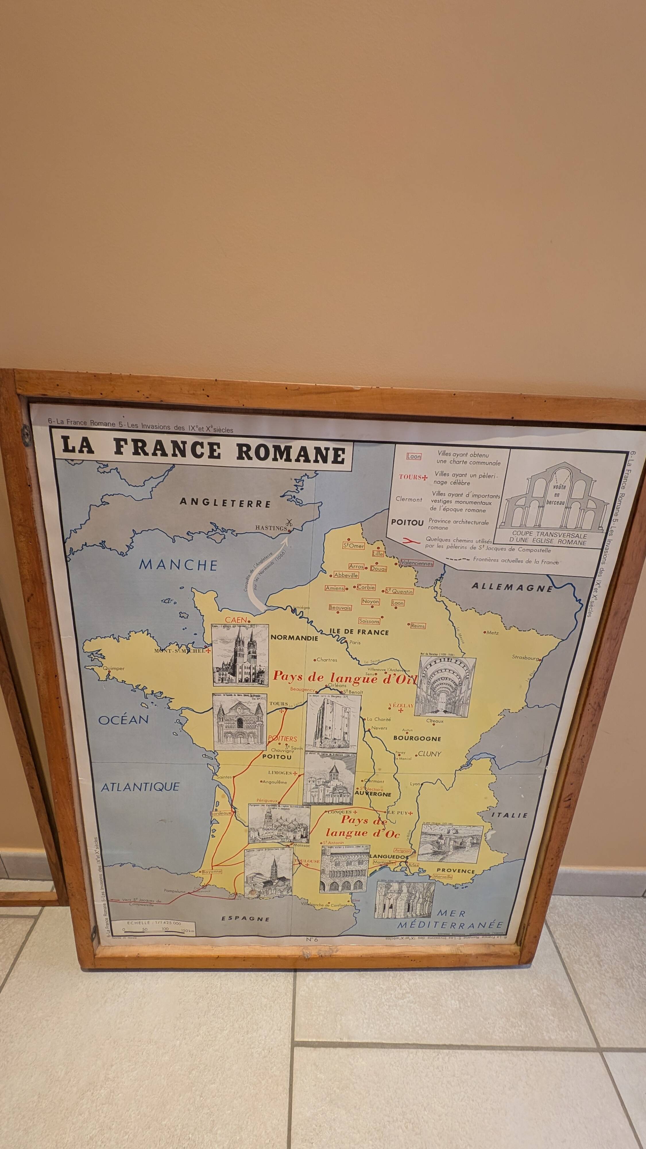Set of 4 Vintage School Maps ROSSIGNOL Montmorillon + Wooden Frame