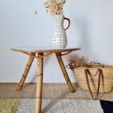 Tripod coffee table – Rattan & Bamboo – Sky blue top – Vintage 60s