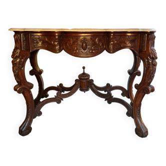 Console in carved solid oak and marble top