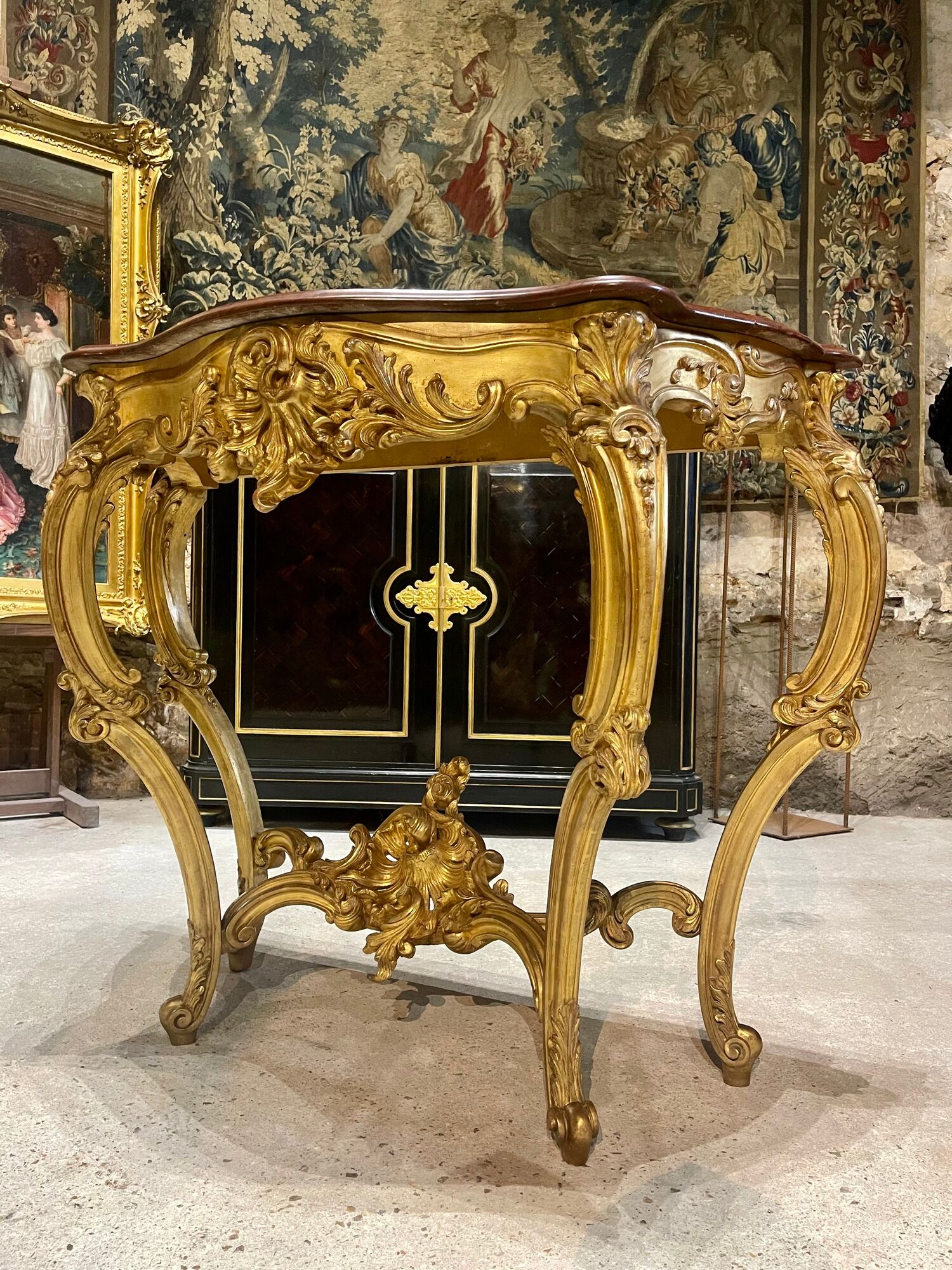 Console 4 legs Louis XV style Gilded wood period Napoleon III Griotte marble top