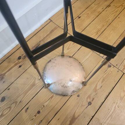 Vintage tripod metal side table with a blue brass bowl.