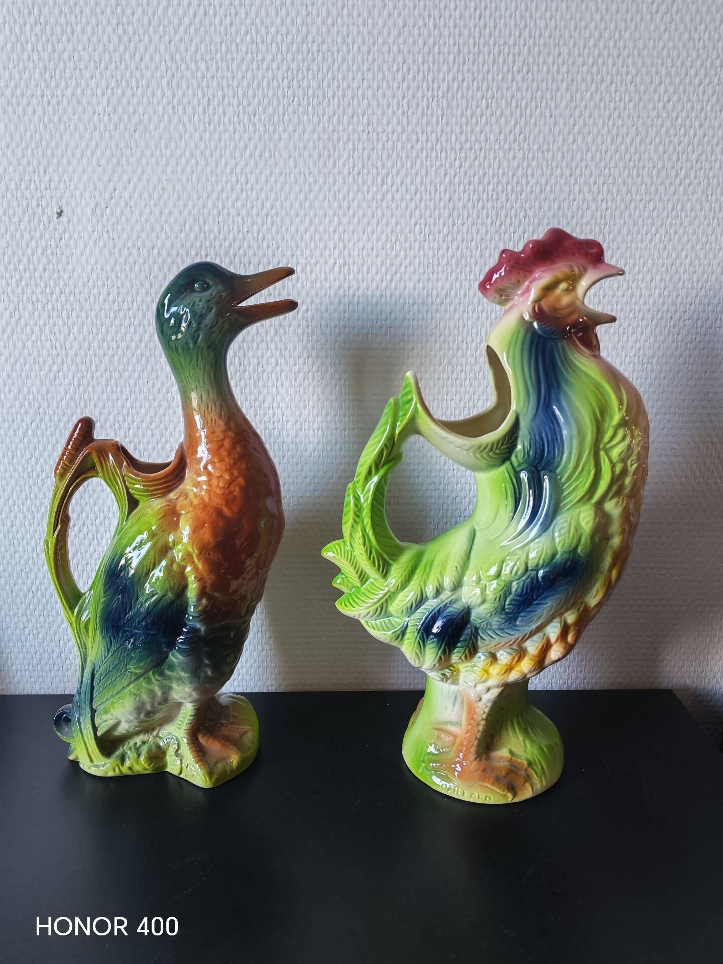 Pair of duck and rooster jugs in St Clément barbotine vintage