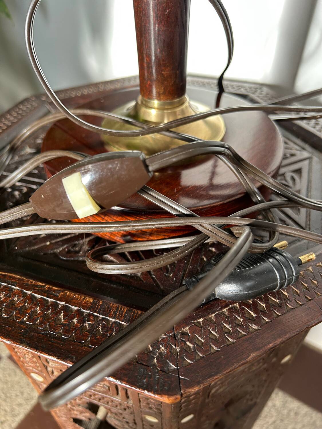 Art Deco lamp made of wood, brass, and opaline.