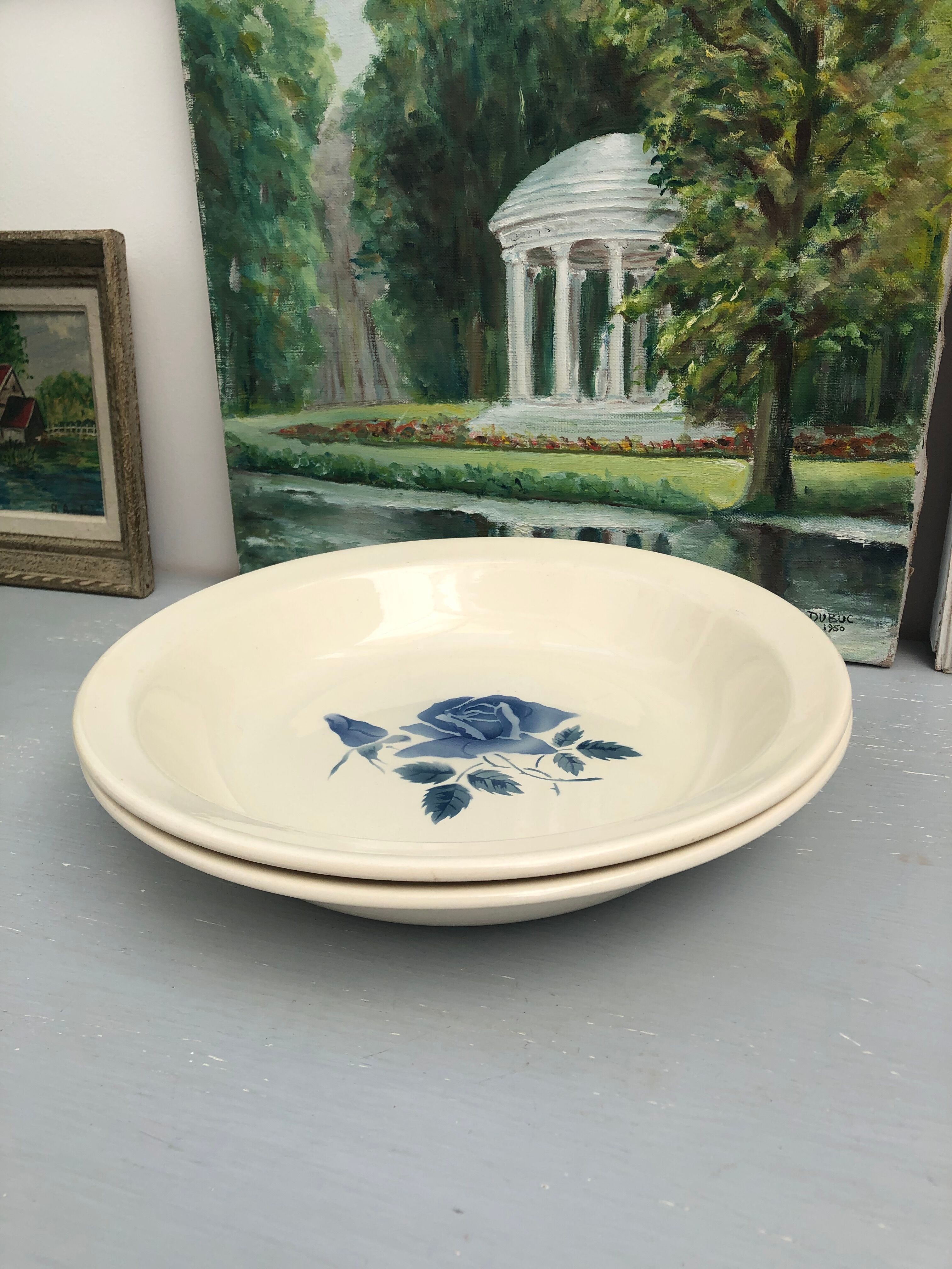 Set of 2 round dishes Sarreguemines Digoin France number 4 with blue pink floral decoration.