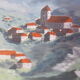 Tableau huile sur carton "village de reve" en montagne, signé j.m. cabet 1988, cadre bois, peinture