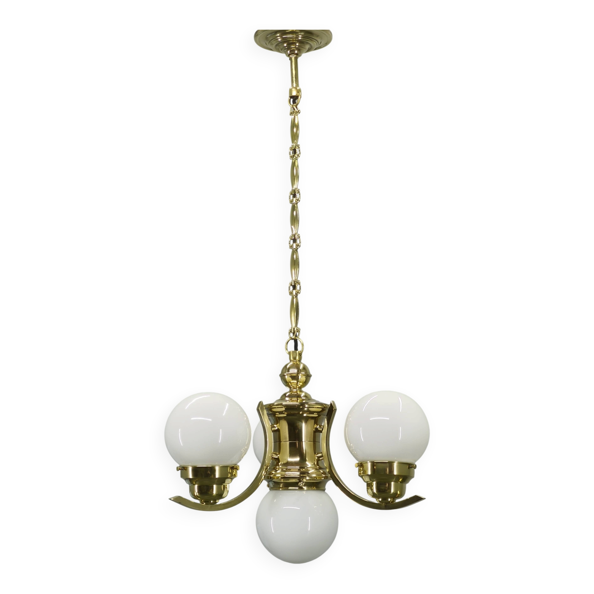 1930s Czech Art Deco Brass Chandelier with Milk Glass Globes