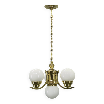 1930s Czech Art Deco Brass Chandelier with Milk Glass Globes