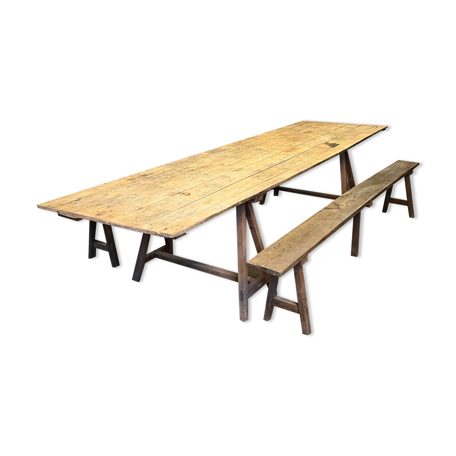 Pine guinguette table with trestles and oak bench