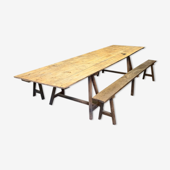Pine guinguette table with trestles and oak bench