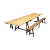 Table de guinguette en pin avec tréteaux et bancs en chêne