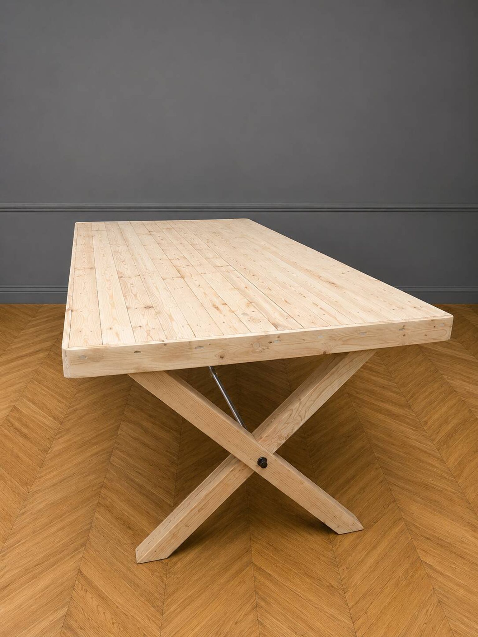 Very large industrial design table / sandblasted solid wood / L 242 cm