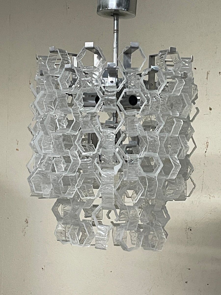 Hexagonal glass Cascade chandelier attributed to Av Mazzega, 1970s.
