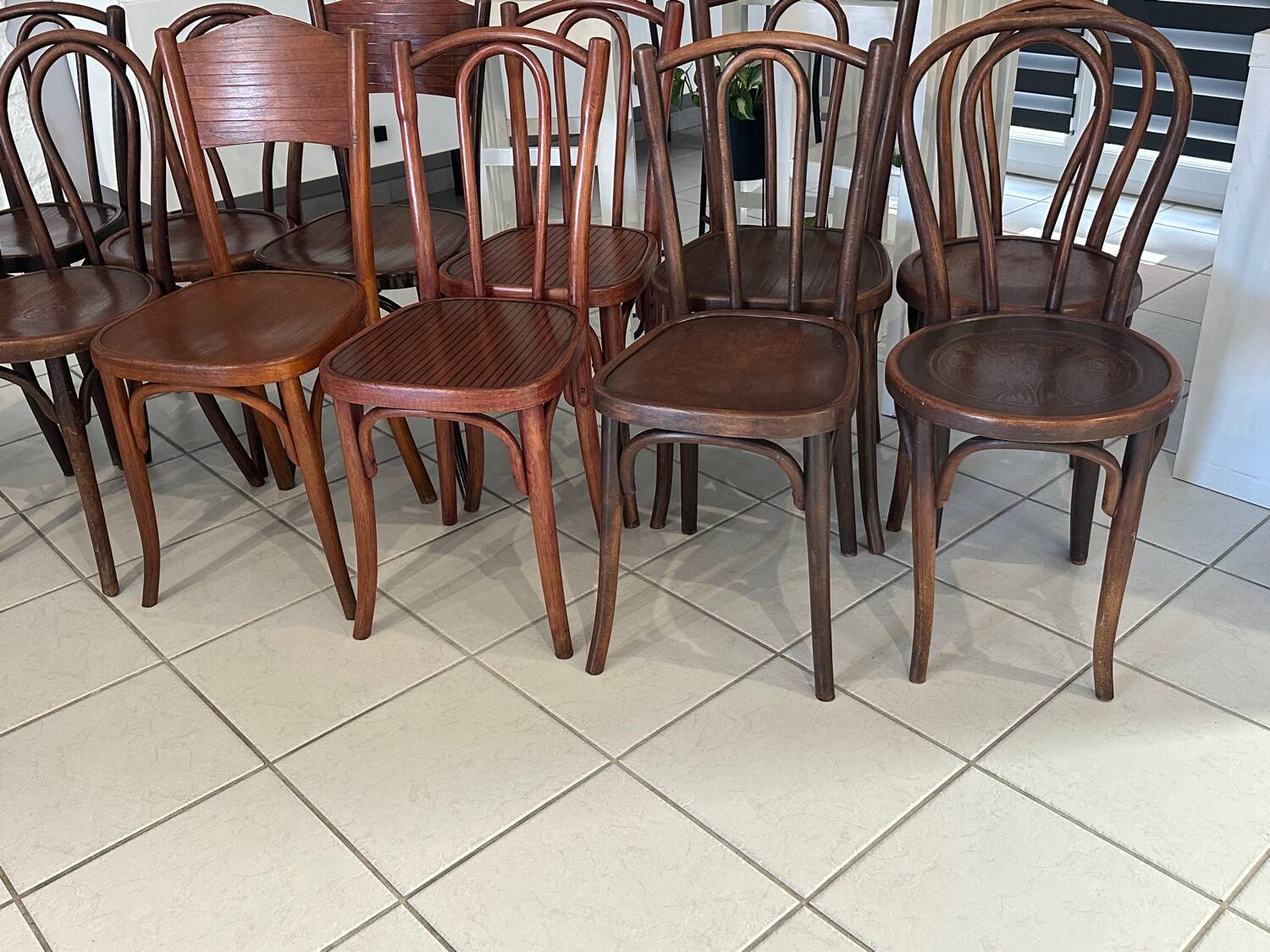 Set of 12 mismatched bistro chairs Thonet, Baumann, Fischel 1930