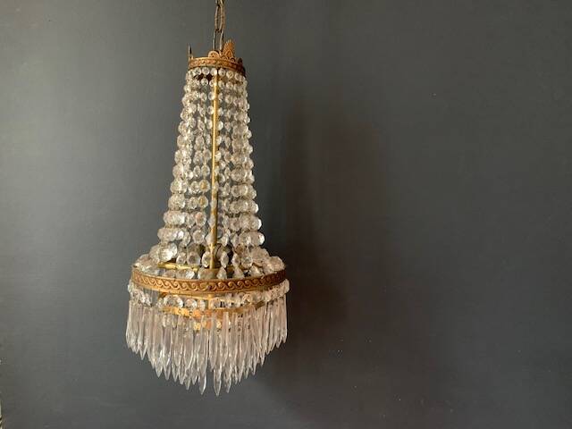 Antique hot air balloon chandelier in brass and crystal, 3 lights, 1920s