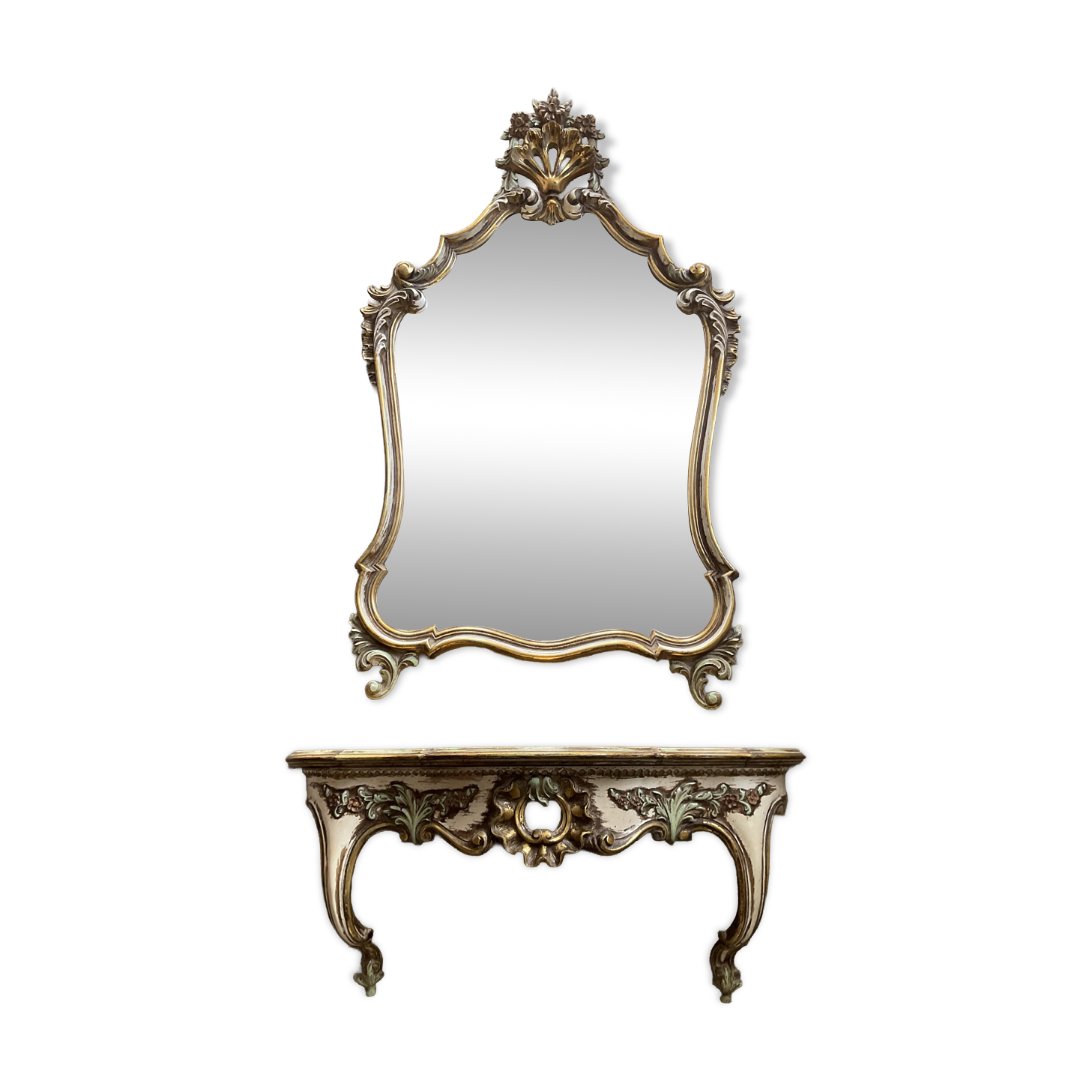 Ancien miroir et console murale en bois sculpté
