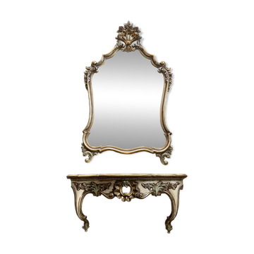 Ancien miroir et console murale en bois sculpté