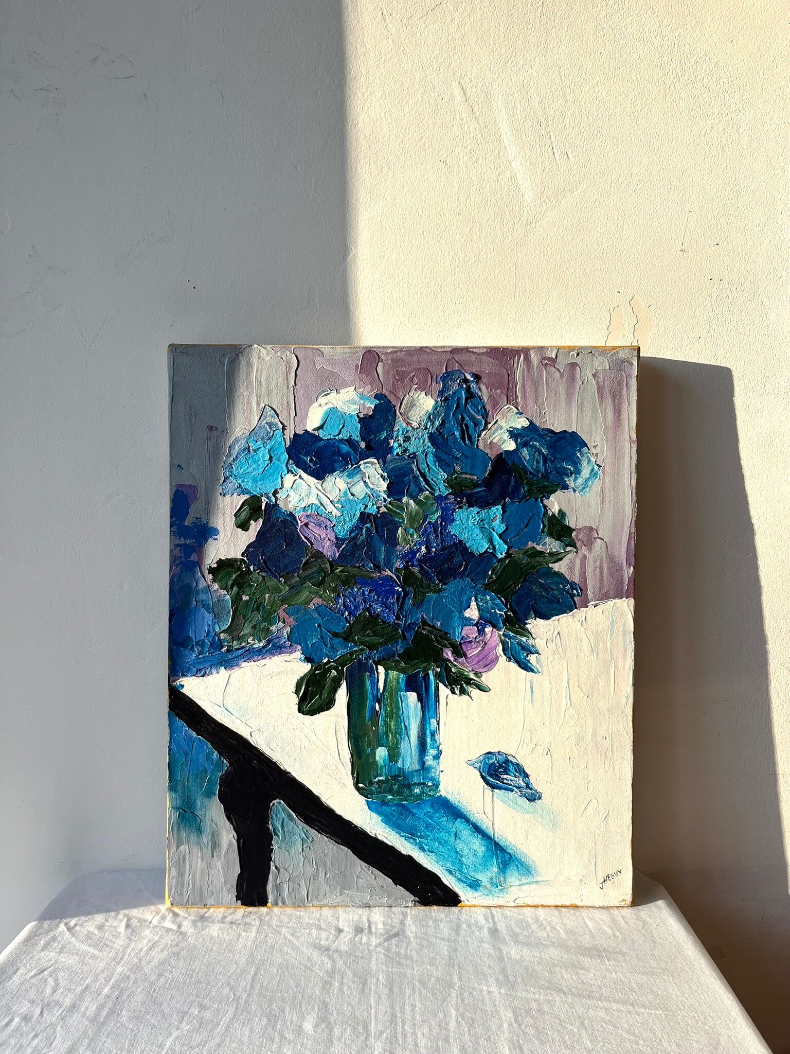 Contemporary still life with flowers, blue flowers, J. Heguy