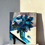 Contemporary still life with flowers, blue flowers, J. Heguy