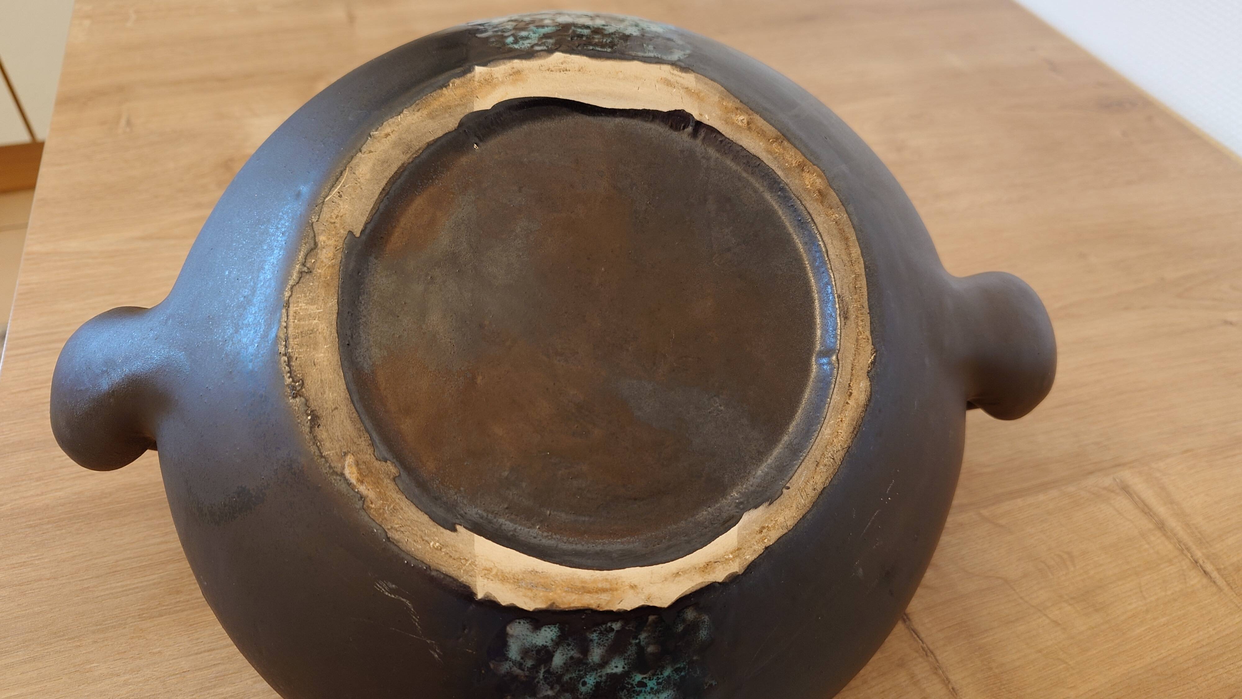 Vintage modernist soup tureen from the 60s-70s, matte brown ceramic and green glaze.