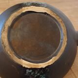 Vintage modernist soup tureen from the 60s-70s, matte brown ceramic and green glaze.