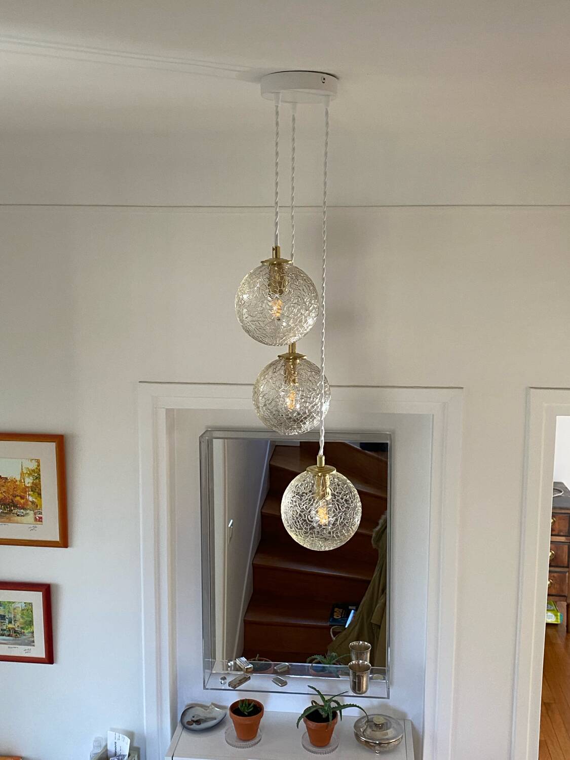 Triple pendant light with vintage glass globes