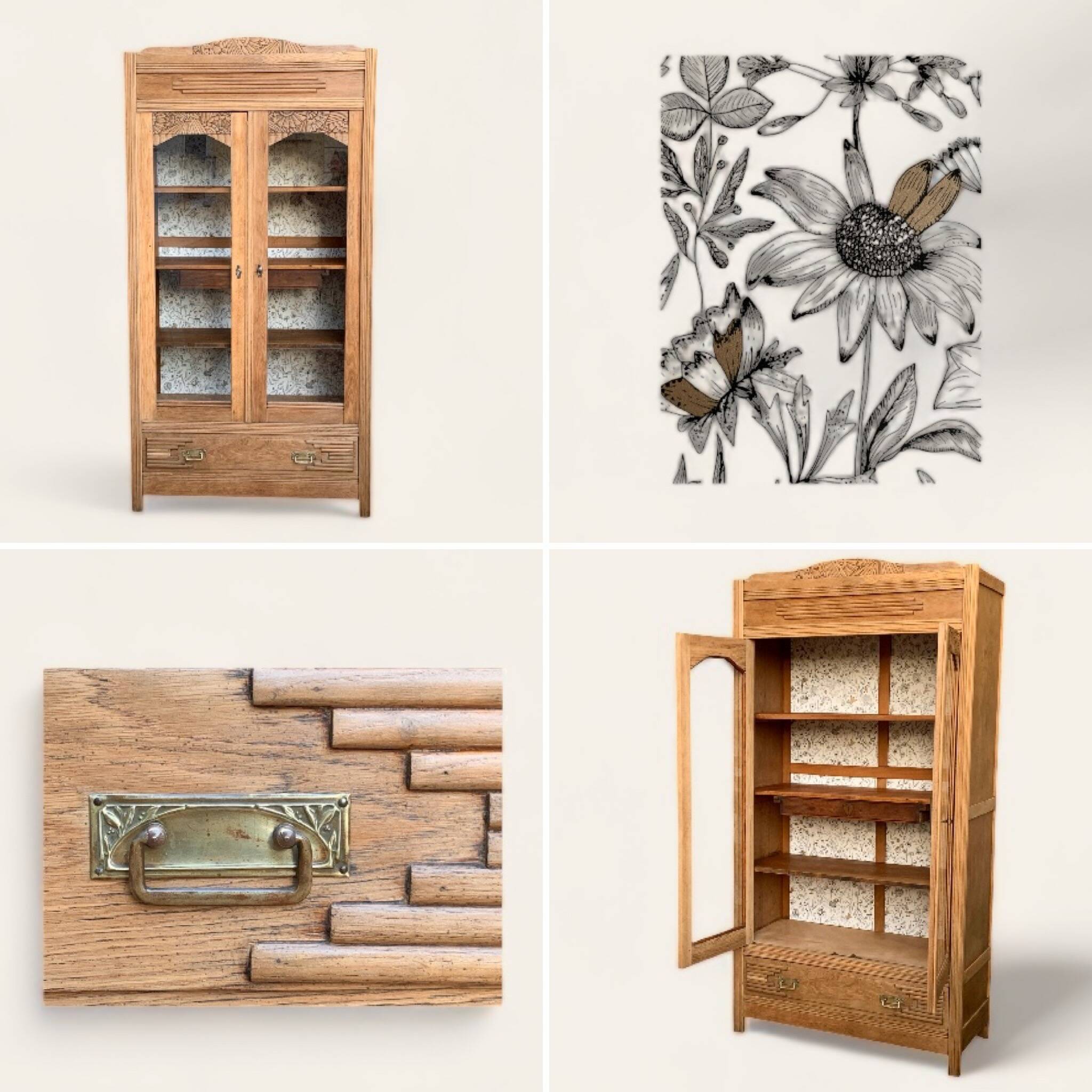 Parisian art deco glass cabinet in raw wood