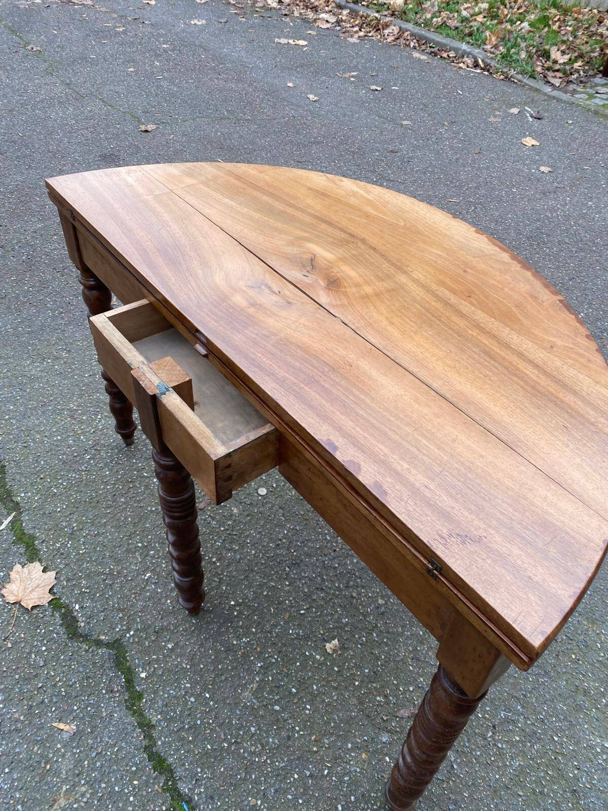 Round extendable dining table with drop leaf, 19th century console table