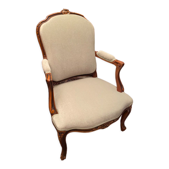 Queen's back armchair in solid cherry wood and almond green velvet Louis XV