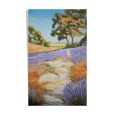 Oil painting on wooden panel, lavender landscape with lilacs and trees.