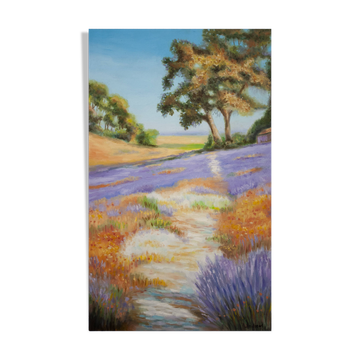 Oil painting on wooden panel, lavender landscape with lilacs and trees.