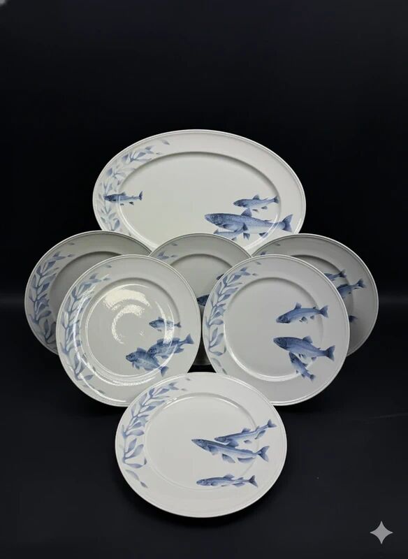 Villeroy & Boch Pescara porcelain set blue fish 6 plates + dish