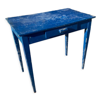 Table en bois peinte en bleu avec tiroir