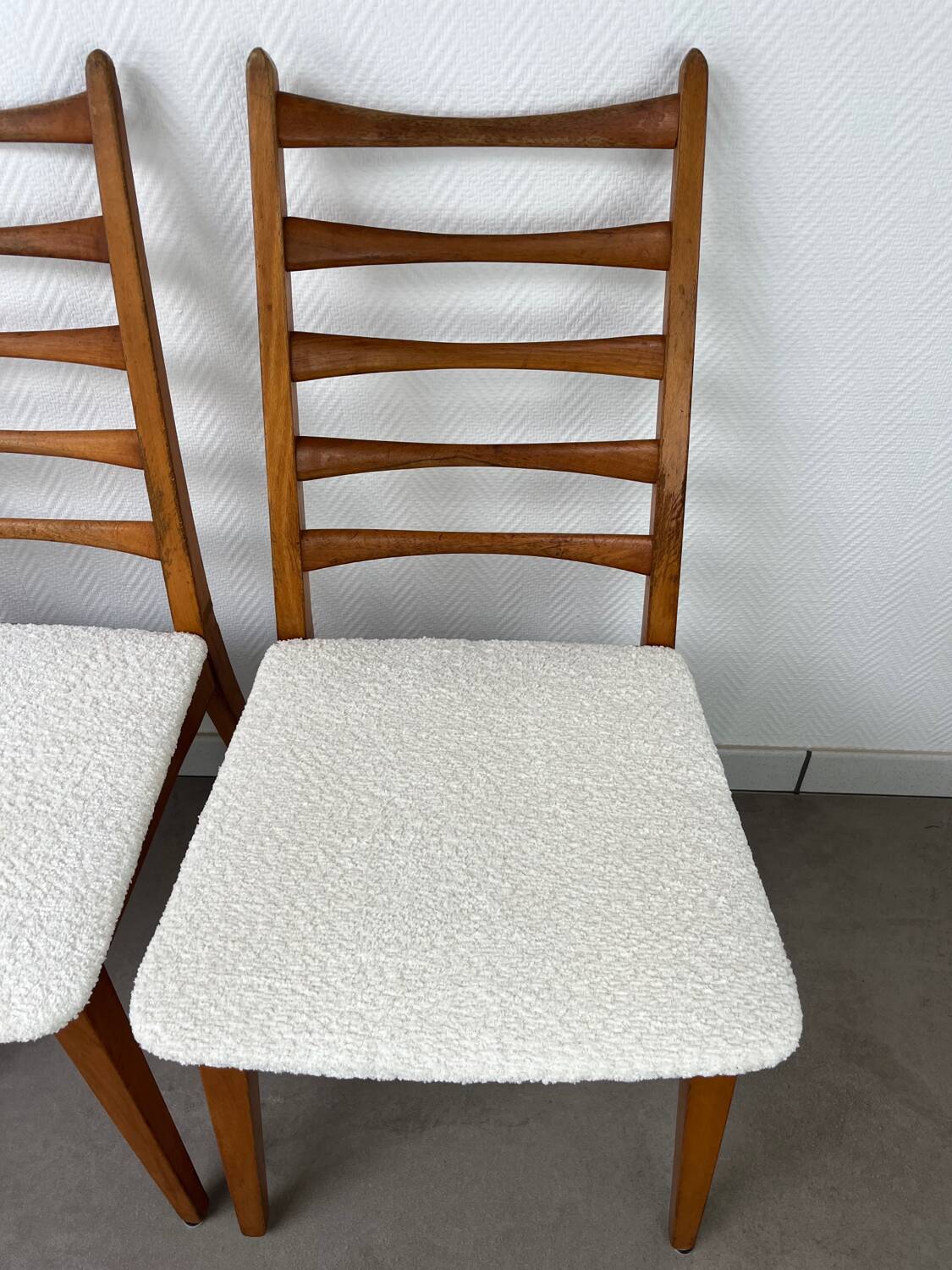 4 Scandinavian chairs, teak with boucle seats.