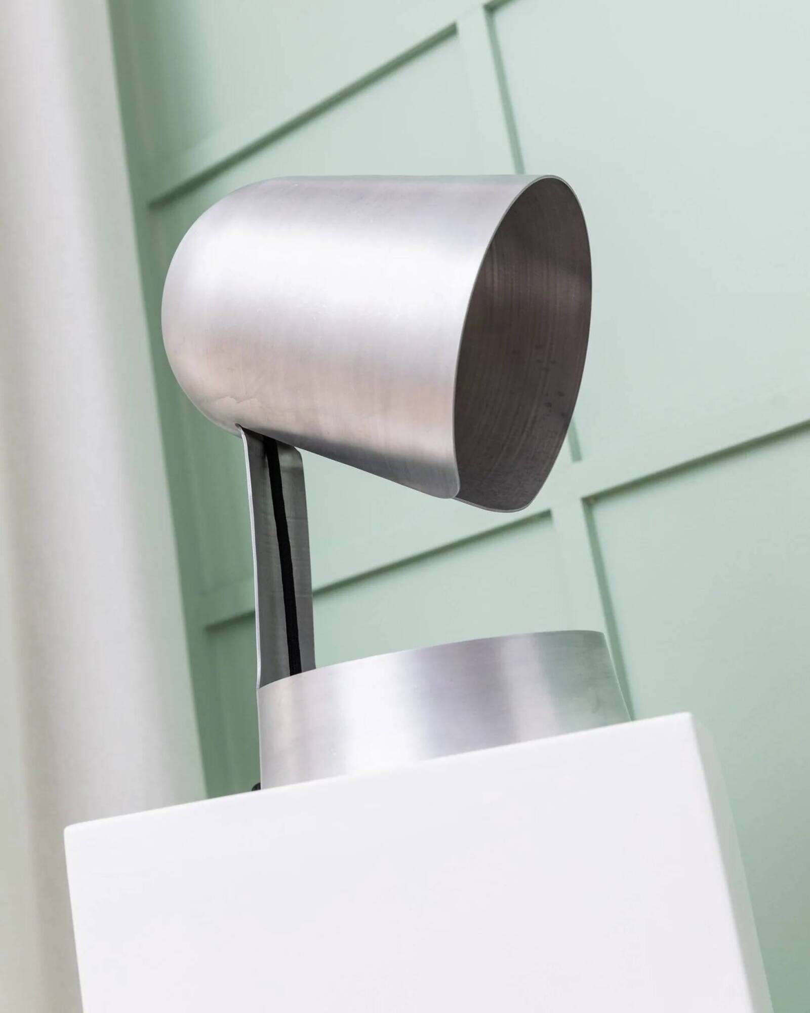 Matte silver aluminum table lamp by Dominik Hehl, vintage 2012 design, sculptural industrial vibe