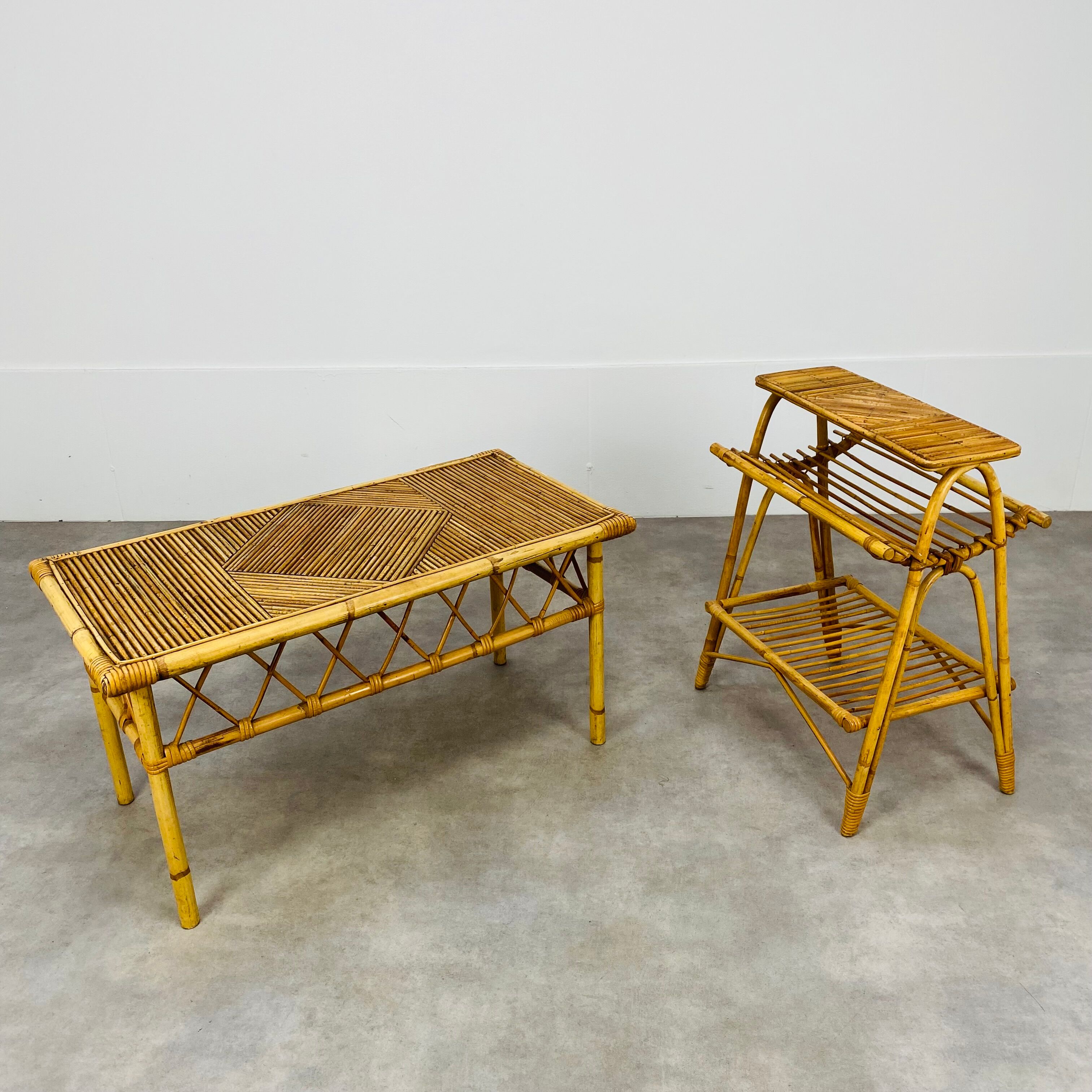 Rattan coffee table 60s and bamboo magazine door