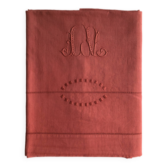 Old linen and cotton sheet in brick red