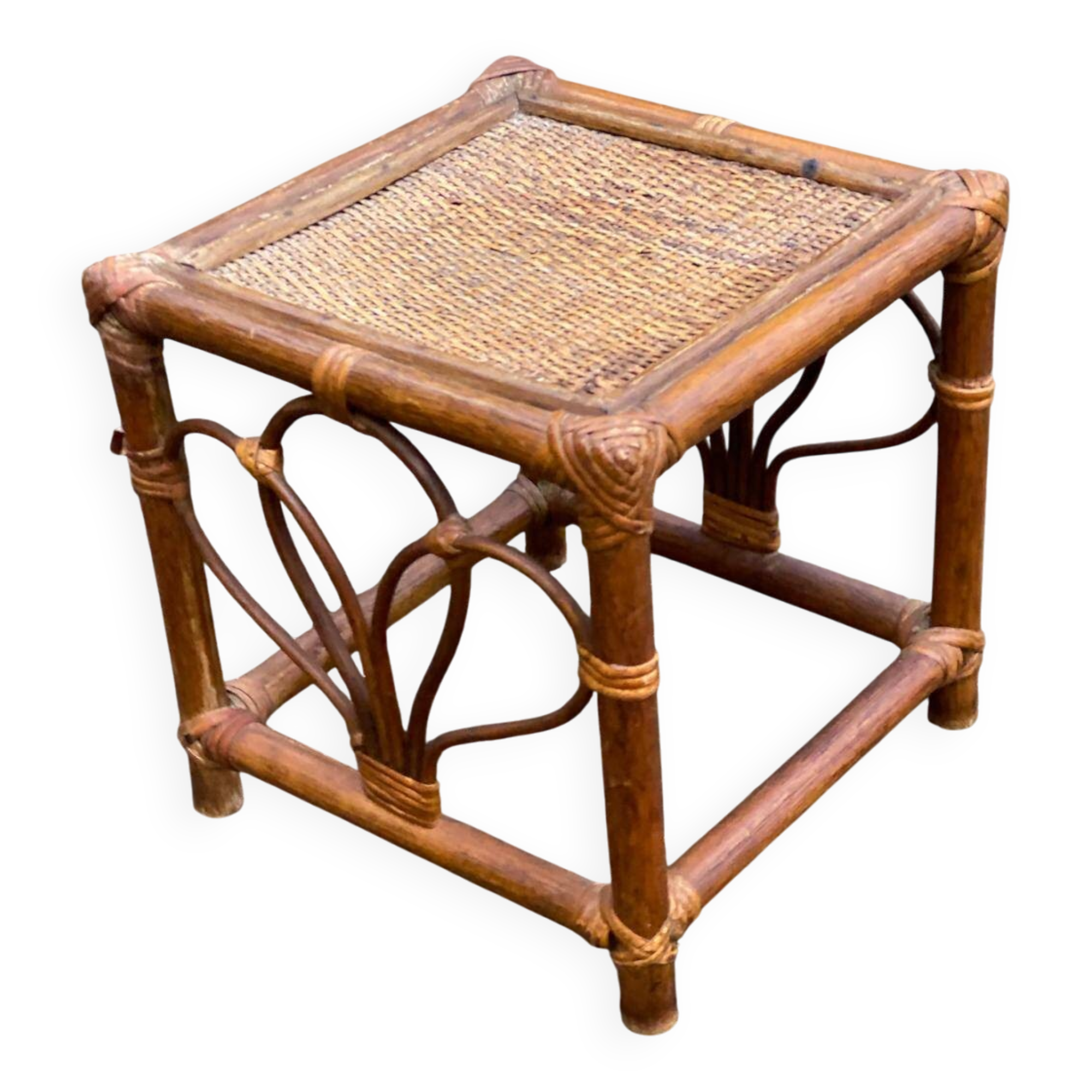 Vintage square stool in bamboo, rattan, and wicker.
