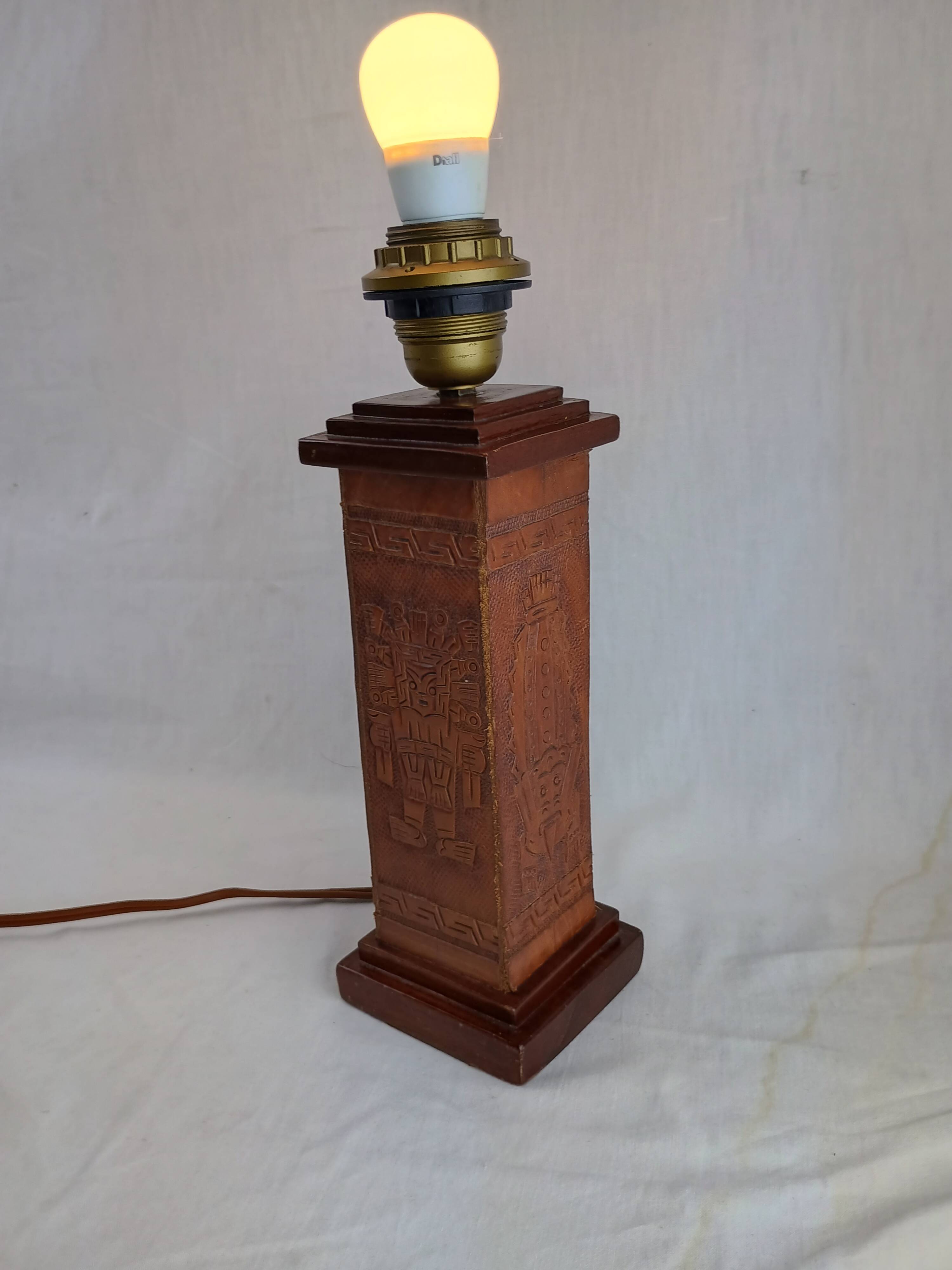 Angel L. Pazmino leather totem lamp 1960 Aztec patterns Style Furniture