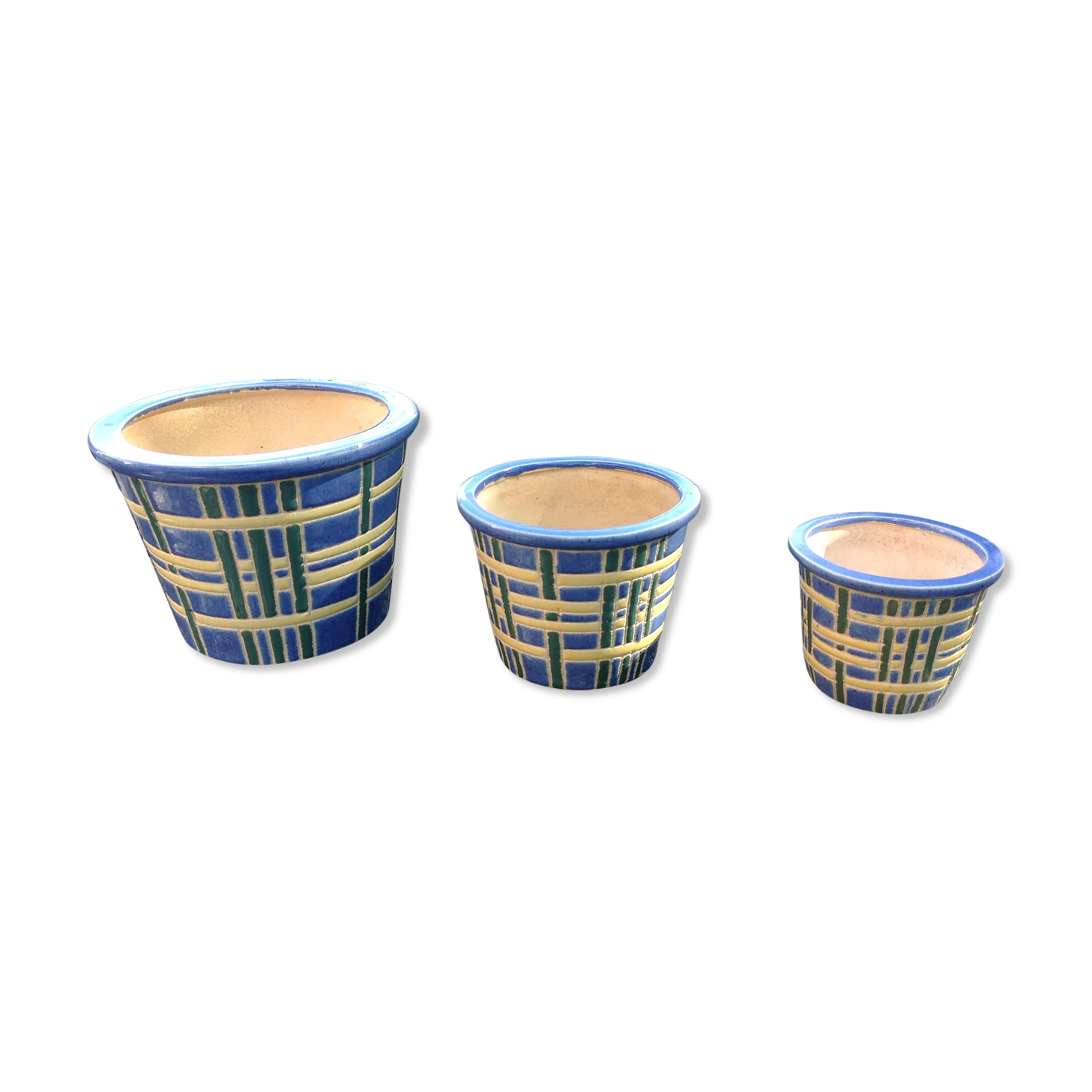 Suite of three cache pots in blue ceramic / vintage 70s-80s