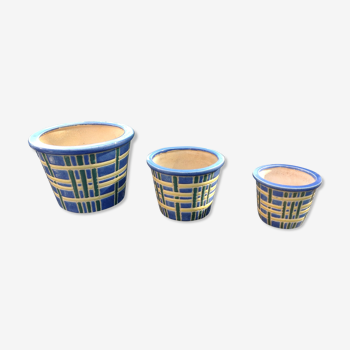 Suite of three cache pots in blue ceramic / vintage 70s-80s