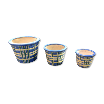 Suite of three cache pots in blue ceramic / vintage 70s-80s